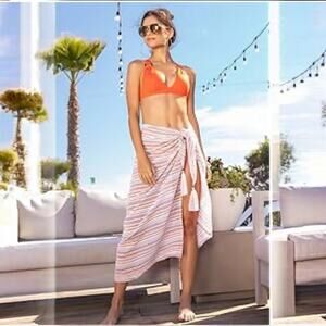 Becca Sarong Swim Cover Up Metallic Stripe with Tassels One Size New